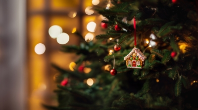 Tannenbaum im Lichterglanz mit roten Kugeln und Lebkuchenhäuschen als Baumschmuck