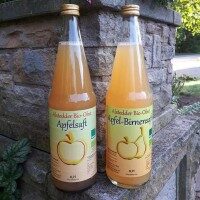 Zwei Glasflaschen mit Alstedder Bio-Obst Säften, Apfelsaft und Apfel-Birnensaft, auf einer Steinmauer