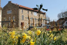 Ein Sandstein Gebäude in der Innenstadt von Ibbenbüren. Im Vordergrund sind ein paar Gräser und gelbe Blumen