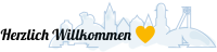 Willkommenstext vor stilisierter Skyline von Ibbenbüren mit einem Herz